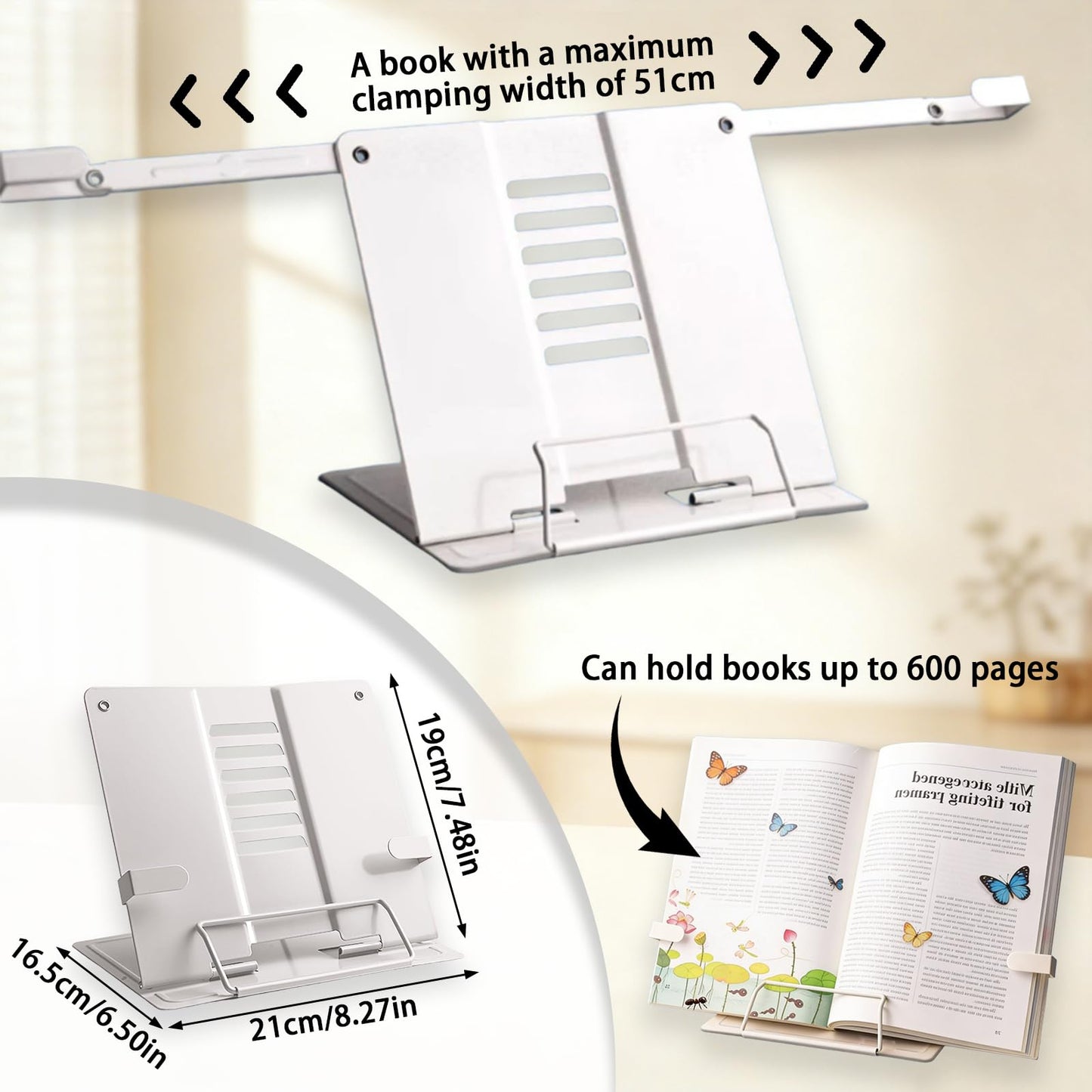 Senshuomy Adjustable Recipe Book Stand, Folding Cookbook Holder for Kitchen, School and Office Use, Reading Rest with Multiple Angles (White)