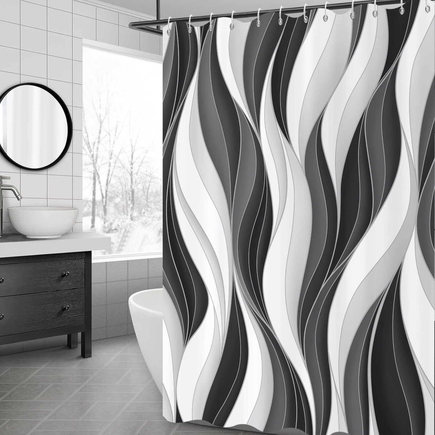 GCIREC Shower Curtain, 180x200cm, Modern Abstract White Black Grey Ombre Striped Minimalist Art Waterproof Fabric Machine Washable Bathroom Curtain