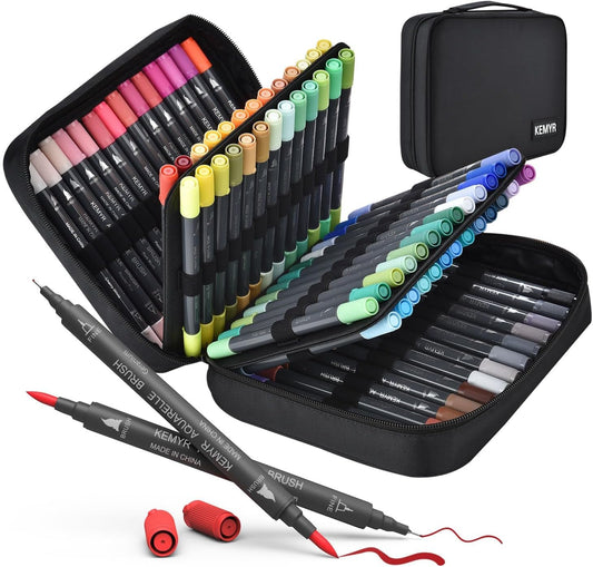 KEMYR Markers for Adult Coloring Books: 80 Color Dual Tip Fine & Brush Pens - Water-Based Coloring Marker for Adults Drawing Sketching Bullet Journal