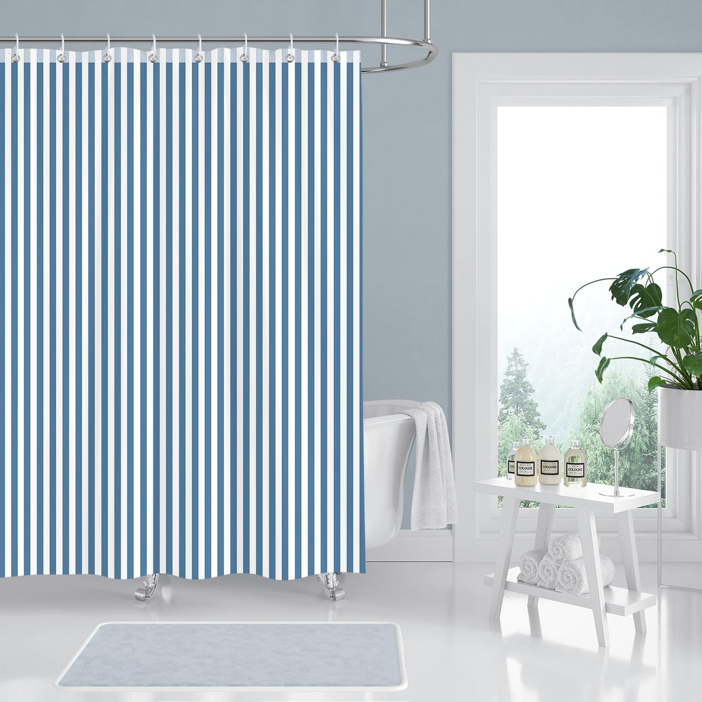 Hopomoon Blue and White Striped Shower Curtain,Vintage Blue Vertical Striped Geometric Waterproof Polyester Fabric Bath Curtain with 12 Hooks 72 x 72