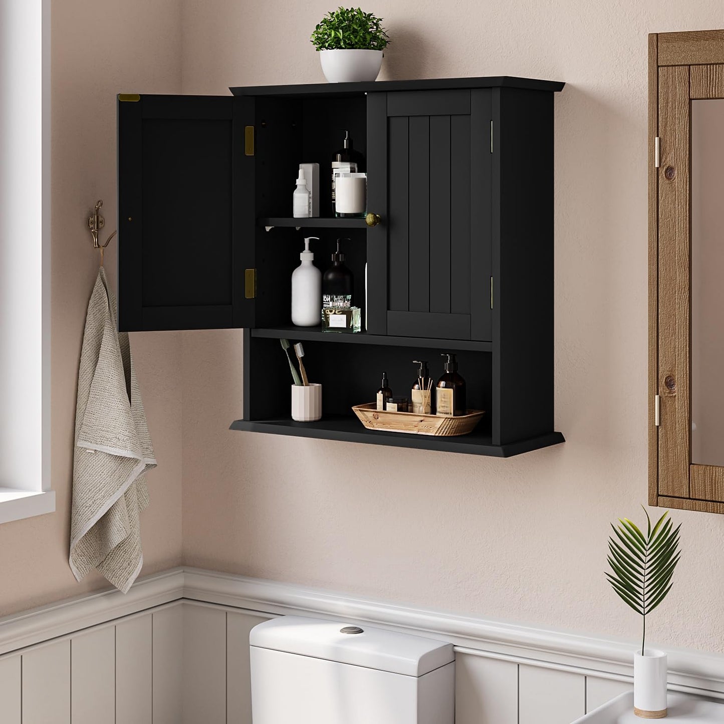 Smuxee Black Bathroom Cabinet, 2-Door Wall Mounted Medicine Cabinet with 5 Adjustable Shelves, 21.5L x 7.8W x 23.6H in., Bathroom Storage