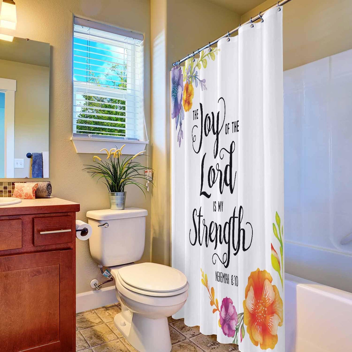 Woutay Shower Curtain Mould Proof Resistant Joy of The Lord Is My Strength,Water Repellant Fabric,Polyester,Size 180x180CM