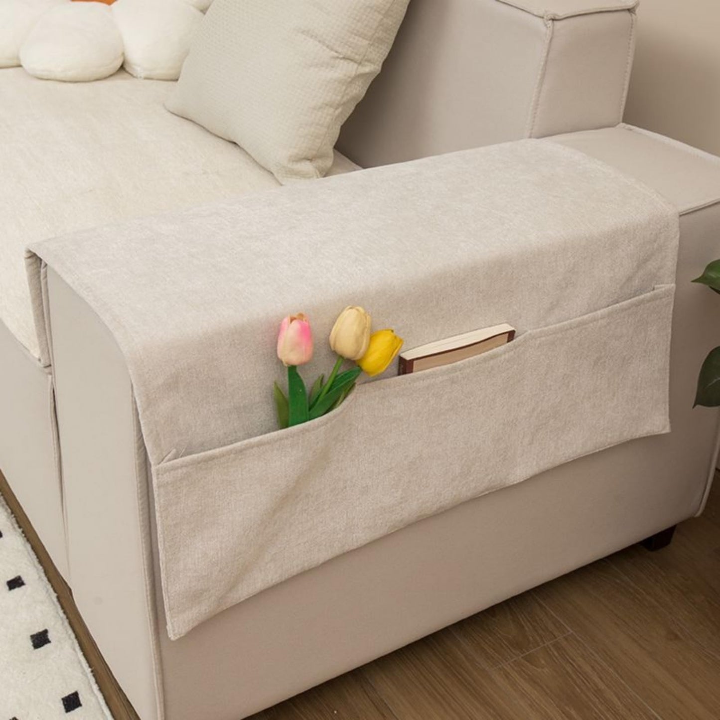 Luxurious Chenille Sofa Armrest Organiser with 3 Side Pockets, Universal Couch Armchair Caddy Storage Bag Pouch Armrest Cover Chair Tidy Table Space