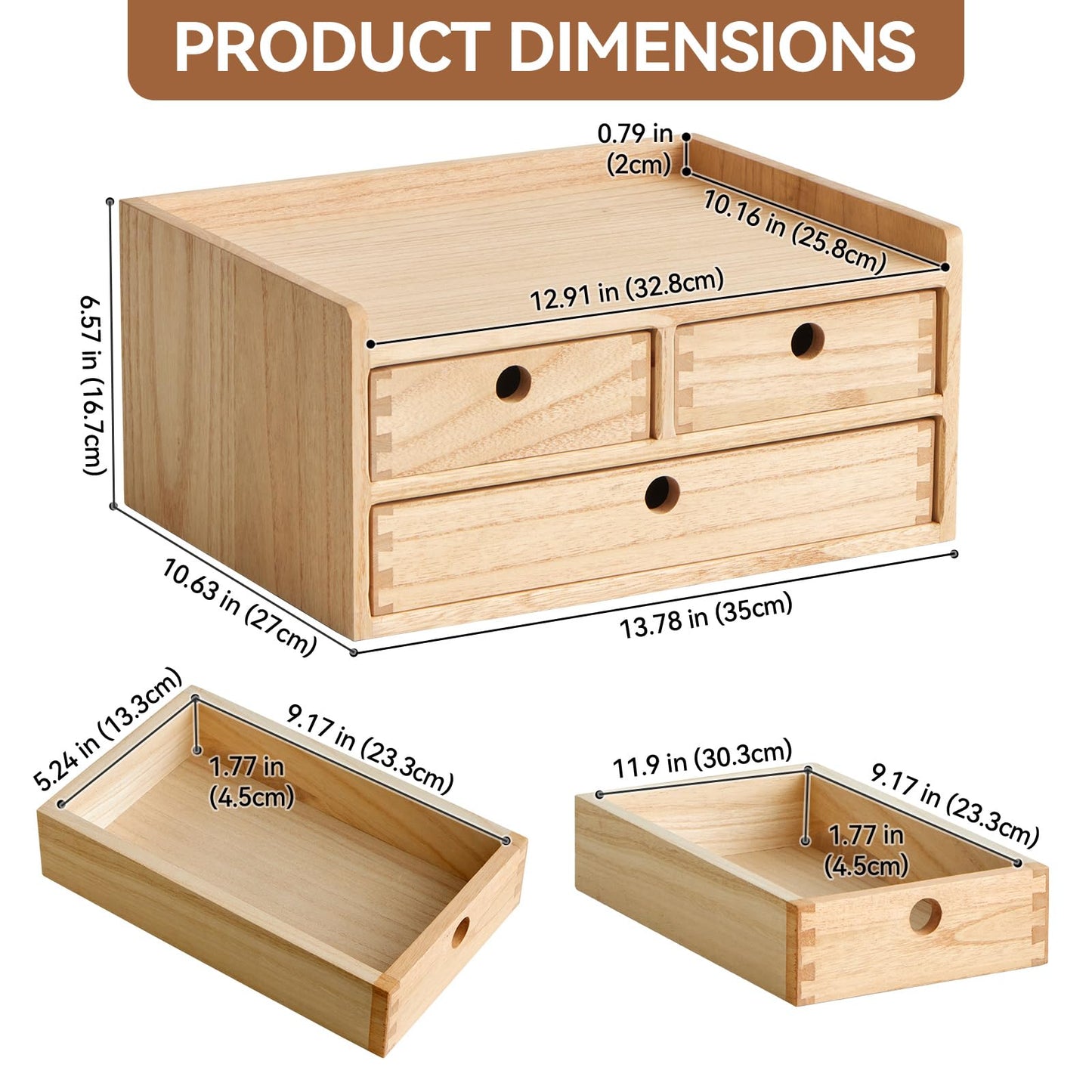 KIRIGEN Wooden Desk Organiser with 3 Drawers and Shelf, Natural