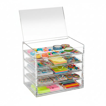 OSCO Clear Acrylic 5 Drawer Chest with Flip-Up Lid, Compact Storage Box for Makeup, Jewellery and Office Supplies, High-Grade Construction