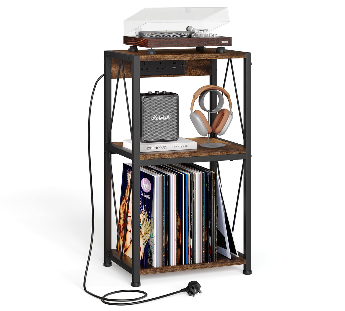 HFHOME Vinyl Record Storage with Charging Station, 3 Tier Side Table Living Room Cabinet, able with Storage, Turntable Stand in Living Room, Bedroom