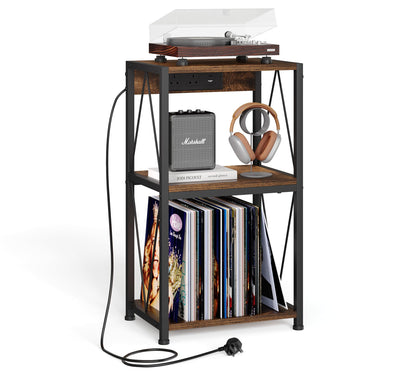 HFHOME Vinyl Record Storage with Charging Station, 3 Tier Side Table Living Room Cabinet, able with Storage, Turntable Stand in Living Room, Bedroom