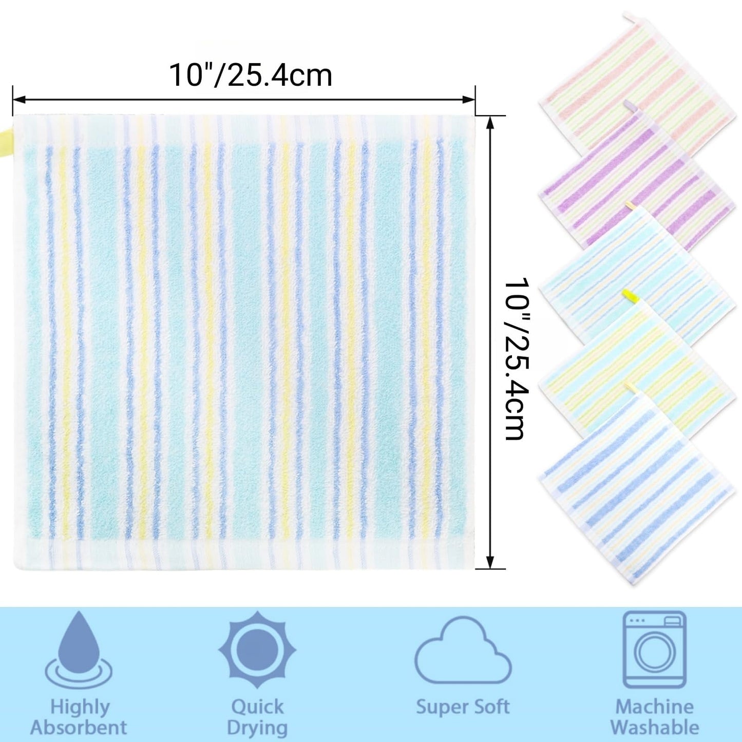 Pumtus 20 Pack Small Face Wash Cloths, 25x25 cm Cotton Soft Hand Towel, Comfortable Striped Fingertip Towel for Sensitive Skin