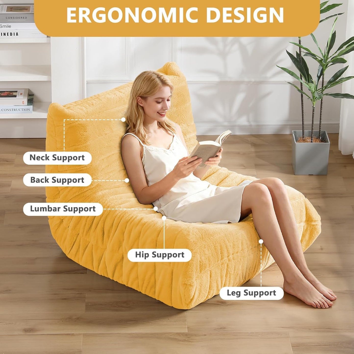 Bean Bag Chair w/ Filling, Comfy Lounge Chair, Floor Sofa Adults (Yellow)