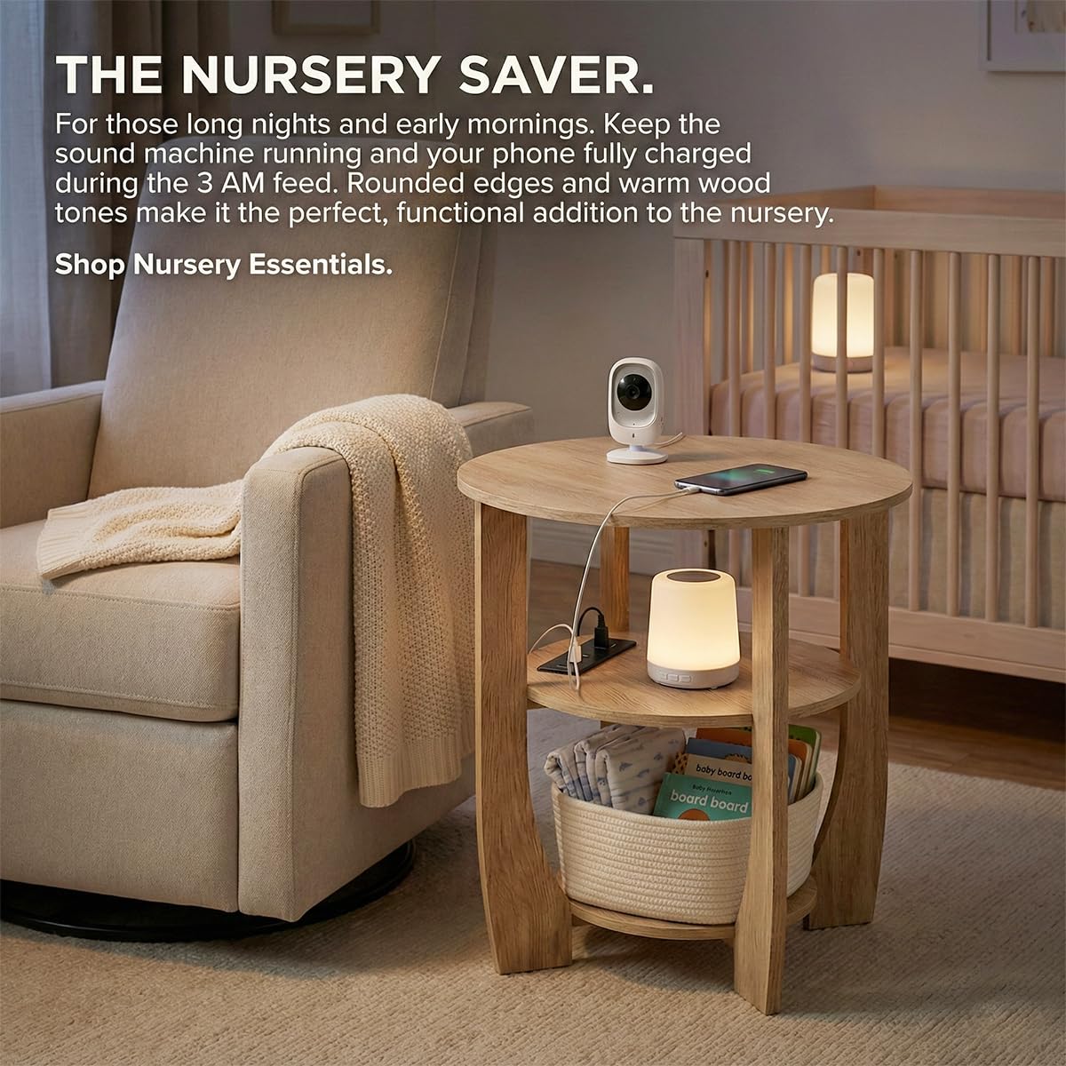 ZEXVIDA 3 Tier Round Side Table with Charging Station, Farmhouse Wood End Tables with Storage