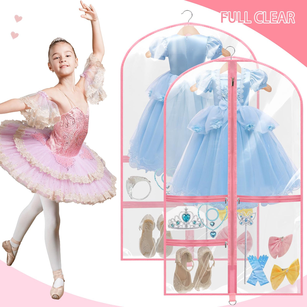 4 Pack Clear Dance Garment Bags 40" Dance Costume Bags with 3 Pockets,Pink