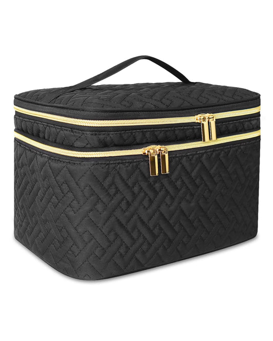 Makeup Bag Organiser for Women, Large Double Layer Cosmetic Make Up Bag with Brush Compartment, Portable and Water-Resistant Toiletry Bag Travel