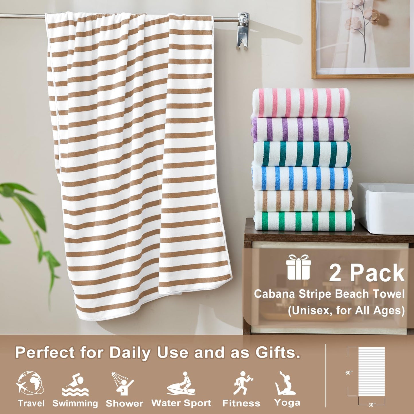 JML Microfiber Beach Towels, Quick Drying Towel (2 Pack, 30" x 60") Cabana Stripe Absorbent Bath Towel Set for Travel, Summer, Sport, Swimming, Pool