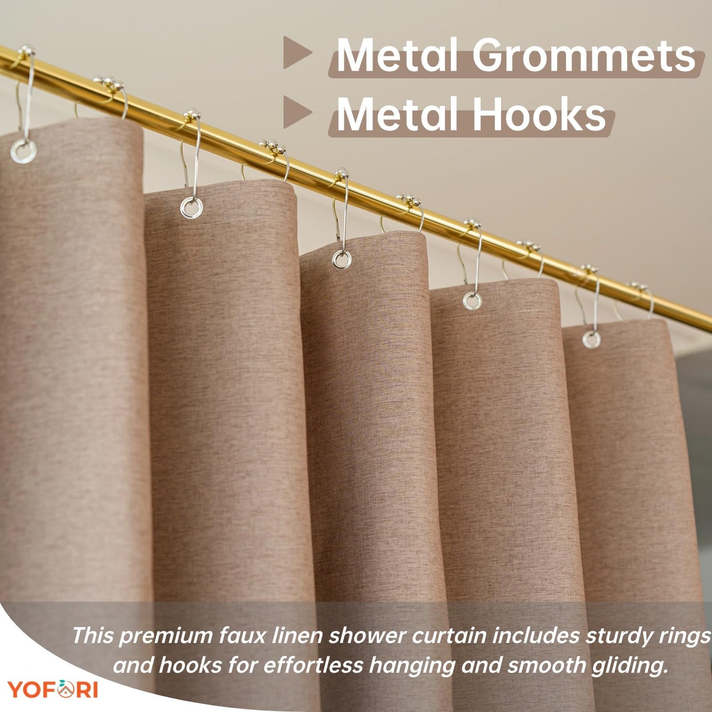 Yofori Khaki Shower Curtain for Bathroom, Fabric Shower Curtains Faux Linen Polyester Wet Room Shower Curtains Sets with Metal Hooks, 183x183cm