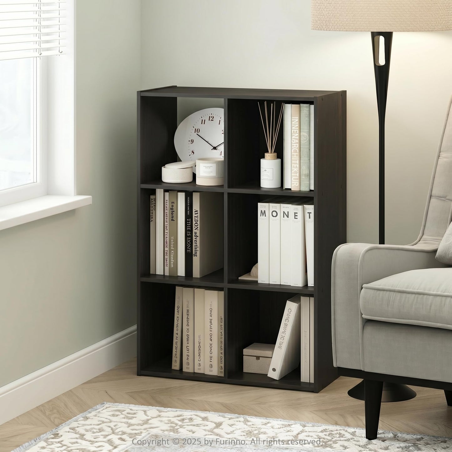 Furinno PELLI Book Shelf, 3x2 Bookshelf, Cube Storage Organizer Cabinet, 11.6 x 24.2 x 35.9, for Living Room, Bedroom, Home Office, Espresso