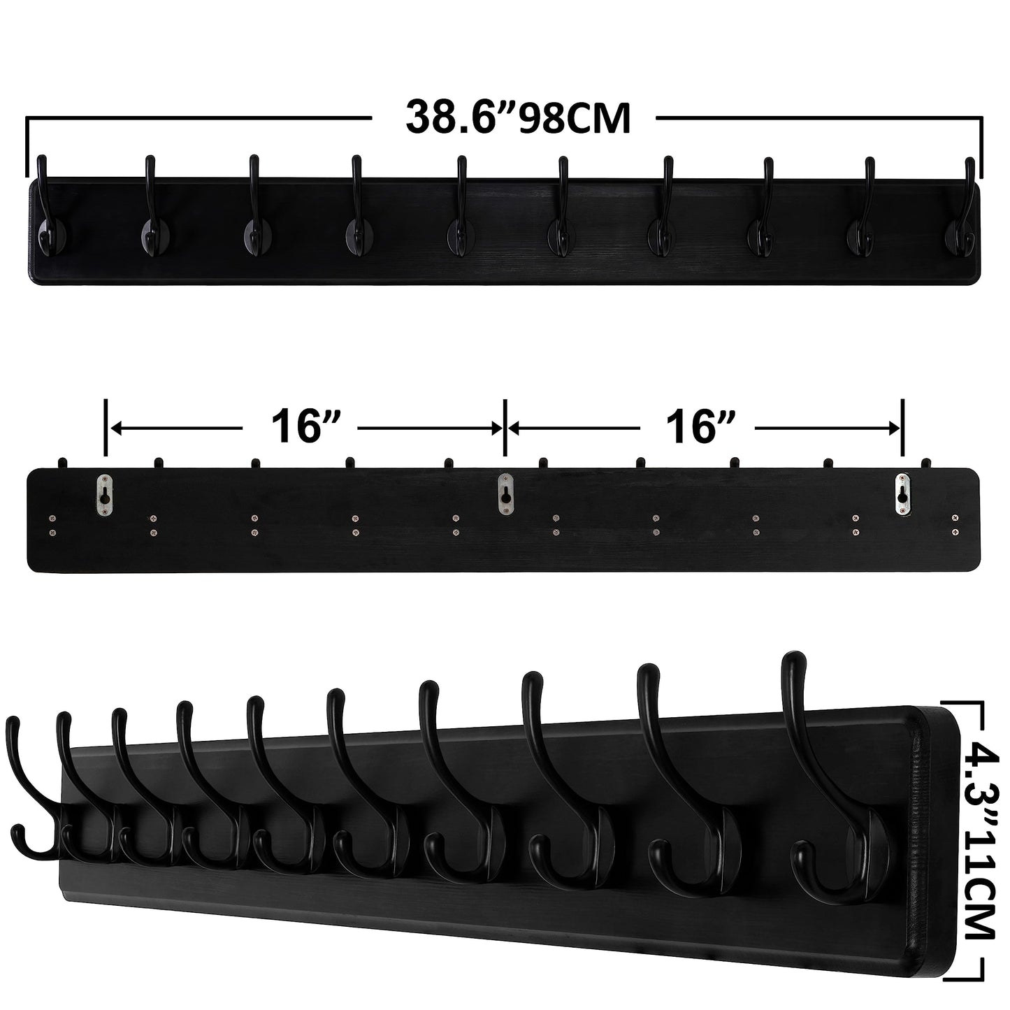 SKOLOO Farmhouse Style Wall Mounted Coat Rack, Pack of 2, Pine Solid Wood Coat Hook Hanger - 10 Hooks for Hanging Clothes Robes Towels Coats