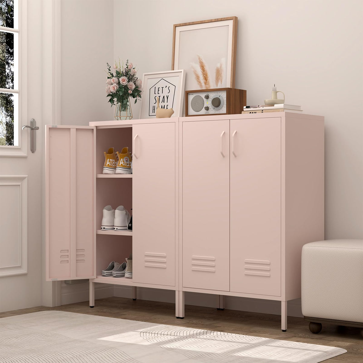 GREATMEET Metal Locker Storage Cabinet, Pink Accent Storage Cabinet, Metal Pantry with Doors for Living Room,Kitchen,Office