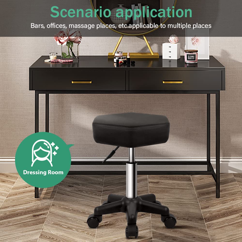 FURWOO Hexagon Rolling Stool with Wheels Height Adjustable Stool Chair for Salon Massage Home Kitchen Spa Stool Black
