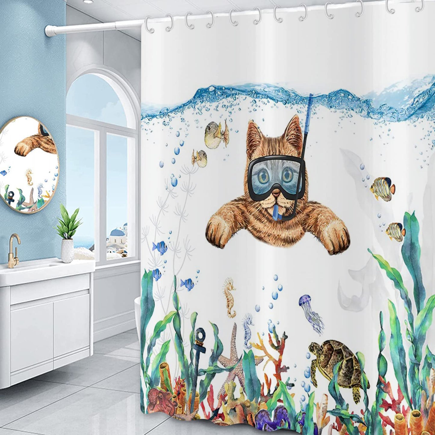 GCIREC Shower Curtain, 180x180cm, Abstract Cute Cat Funny Kitten Diving in Ocean Tropical Sea Turtle Starfish Waterproof Fabric Machine Washable