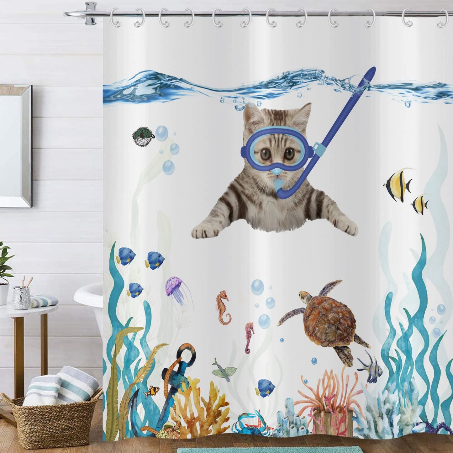 Hnmdmyi Funny Cat Shower Curtain 180x200, Cute Kitten Swimming in Teal Blue Ocean Bathroom Curtains Sea Turtle Tropical Fish Jellyfish Starfish Coral