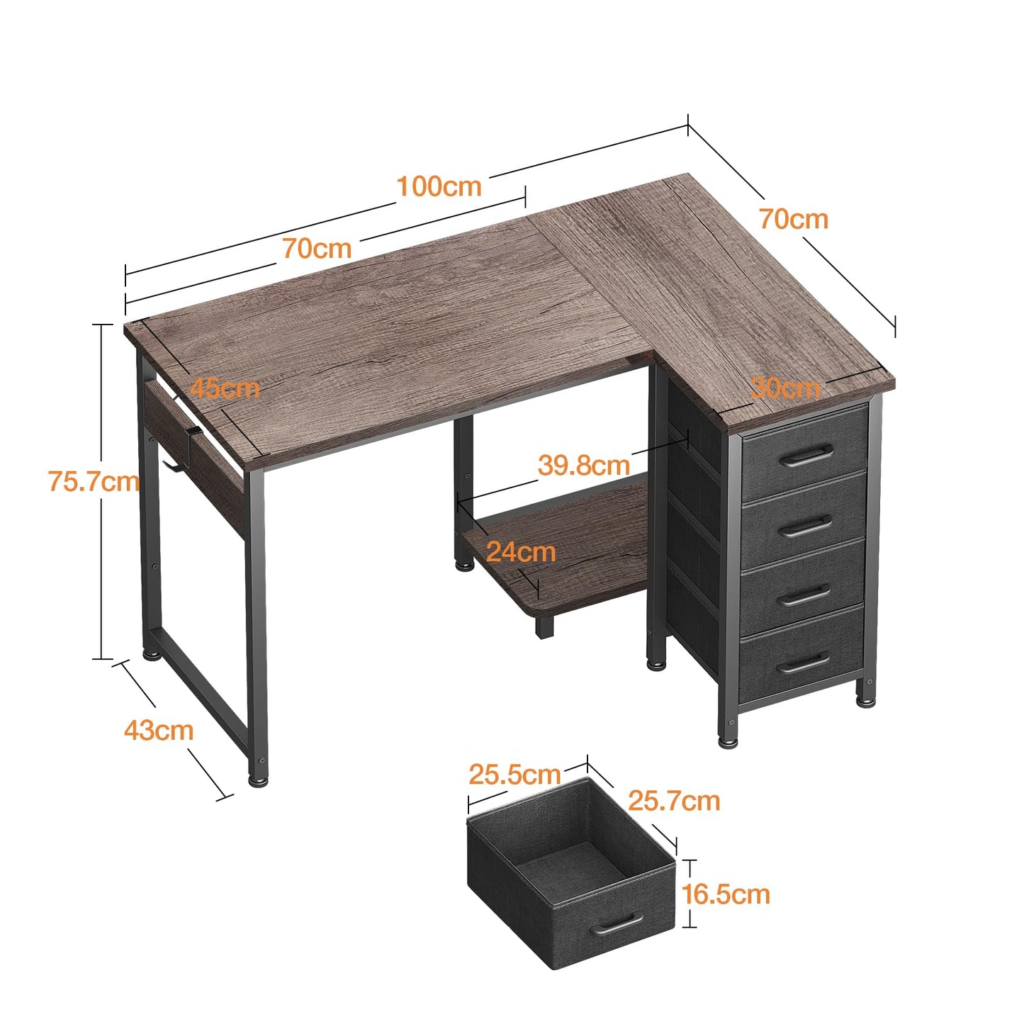 Coleshome Small Corner Desk with Drawers for Home Office, 100x70 cm, Grey