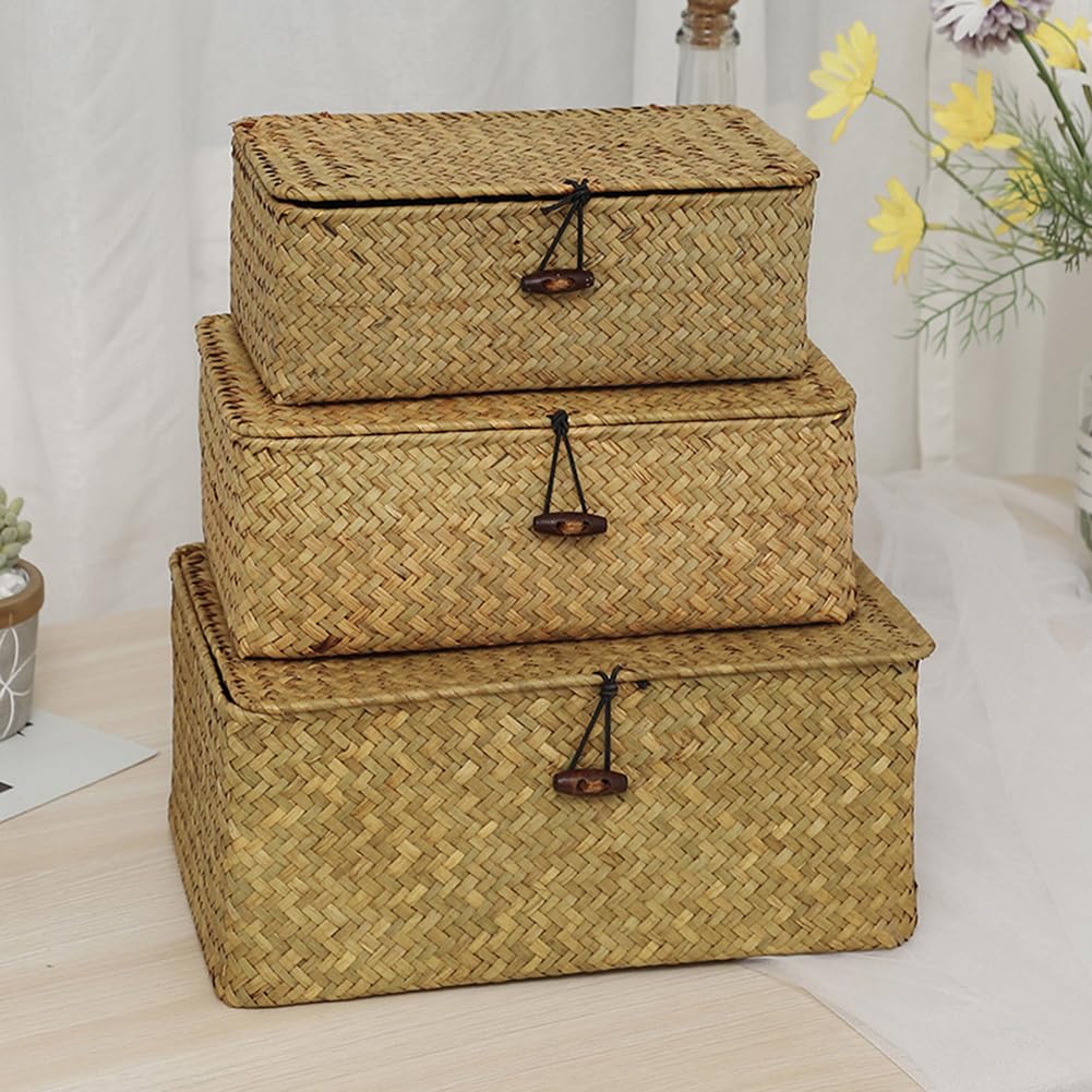 YSGLIFE Set of 3 Rectangular Storage Shelf Basket with Lid Seagrass Rattan Woven Multipurpose Organizer Boxes for Clothes, Makeup