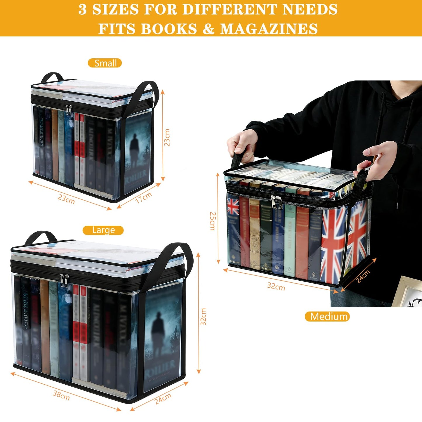 3 Pack Book Storage Box, Heavy Duty Storage Boxes with Lids for Books Transparent Book Storage Organizer Foldable Storage Boxes for Books Sturdy Book