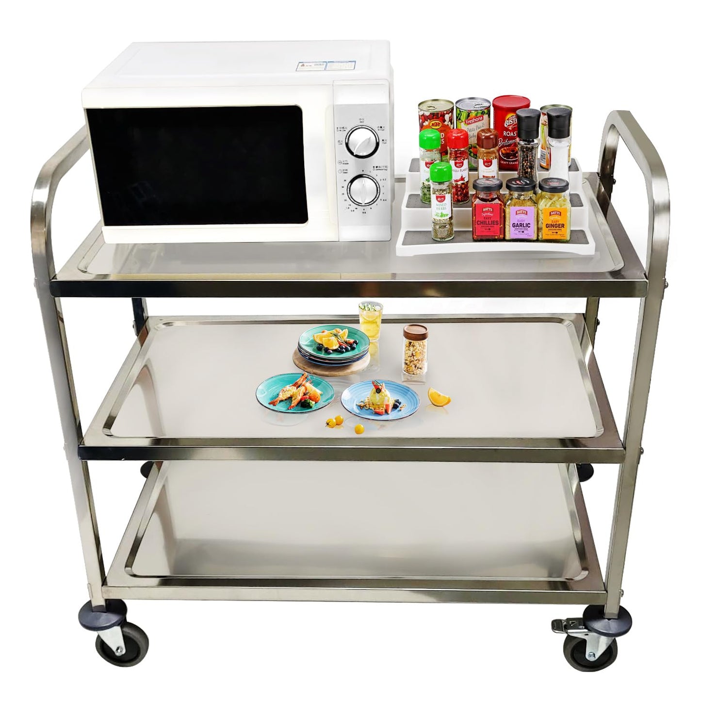 ALPIKA 3 Tier Stainless Steel Large Serving Catering Cart Utility Rolling Cart Kitchen Island Trolley Storage Cart with Locking Wheels