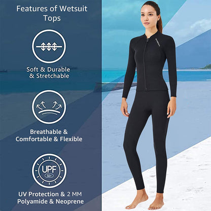 EUPTE 2mm Wetsuits Women/Men Long Sleeve Jacket UPF50+ UV Protection Diving Skin Suit Top for Scuba Diving Snorkeling Surfing Swimming (women, M)