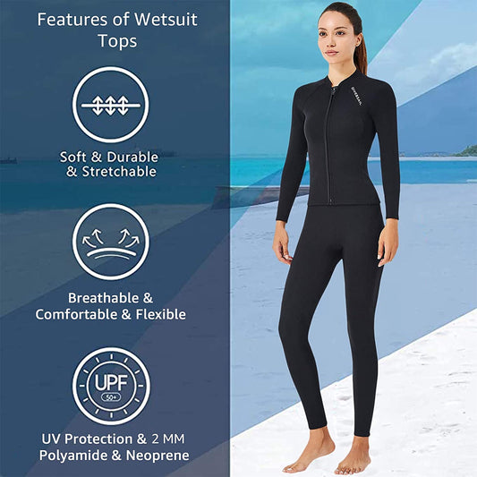 EUPTE 2mm Wetsuits Women/Men Long Sleeve Jacket UPF50+ UV Protection Diving Skin Suit Top for Scuba Diving Snorkeling Surfing Swimming (women, M)