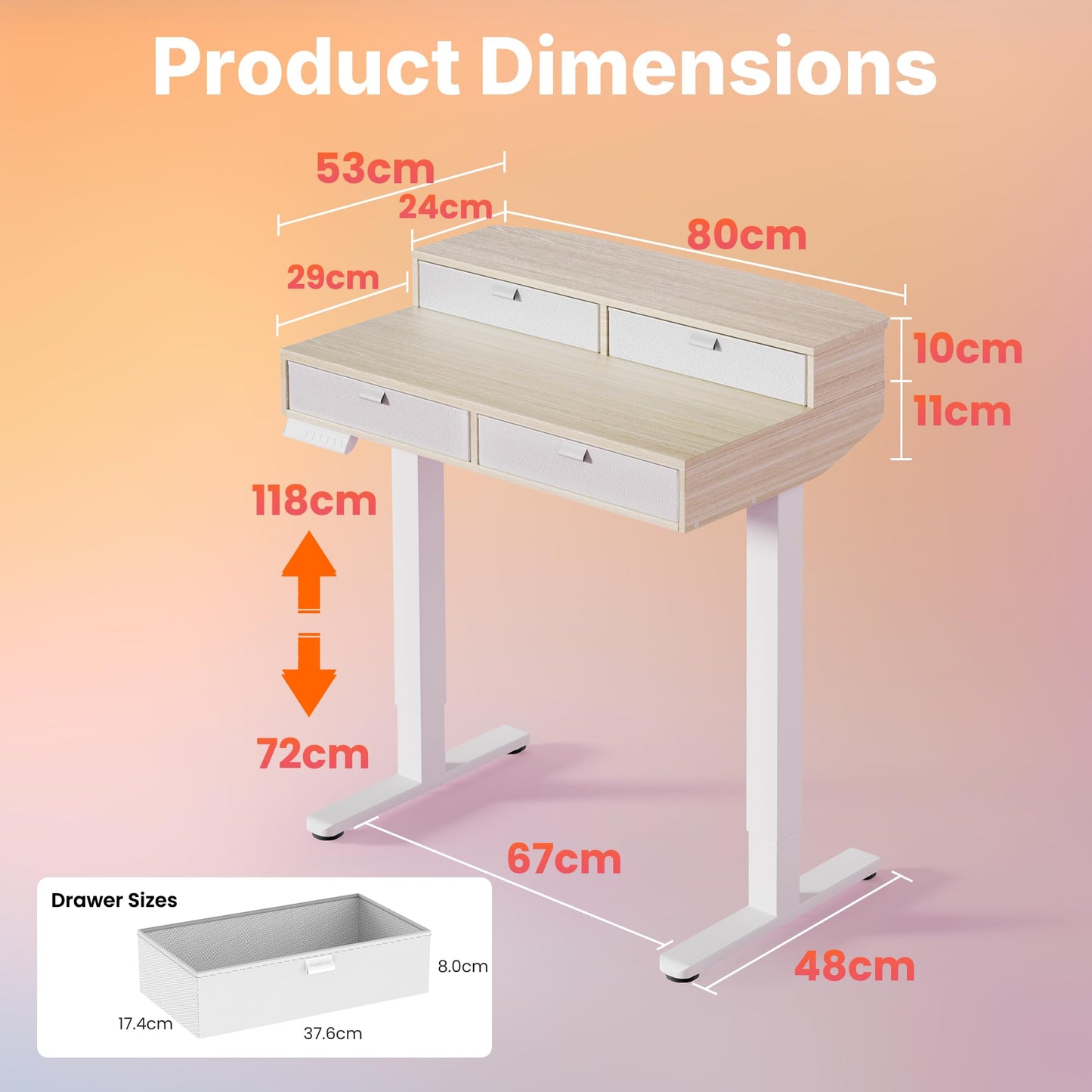HUANUO Standing Desk with Drawers, 80x53cm, Natural