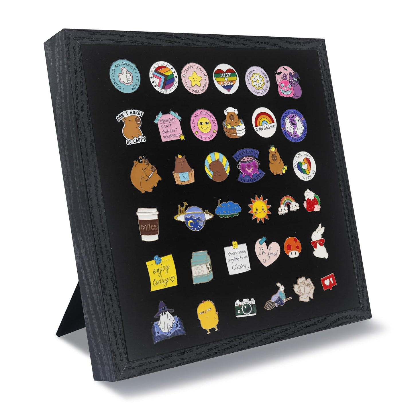 GMFrames 11x11 Enamel Pin Display Case, Pin Collection Display Frame with Real Glass, Shadow Box for Wall and Tabletop, Pin Holder Black