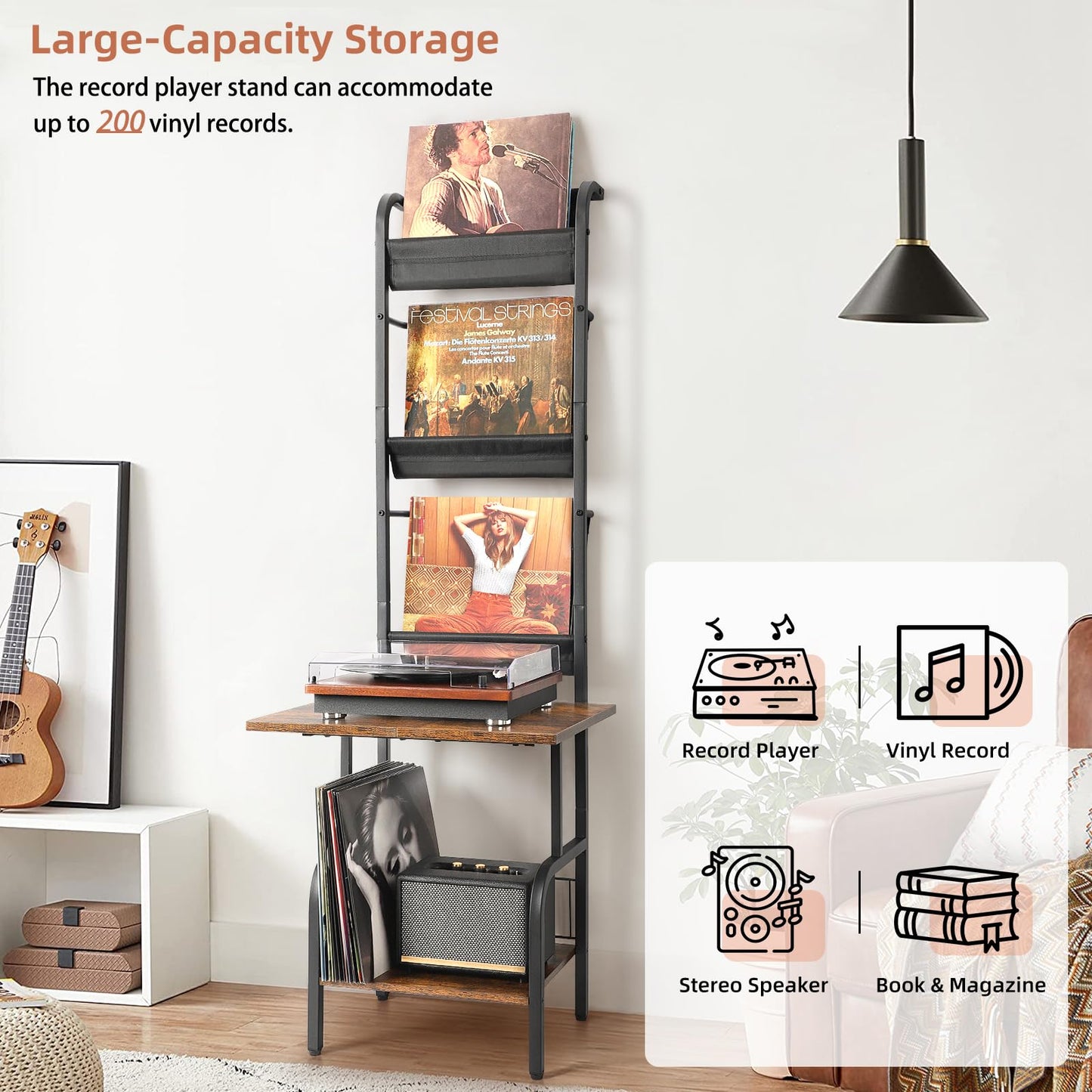 Bikoney Record Player Stand with Vinyl Storage for 200 LPs