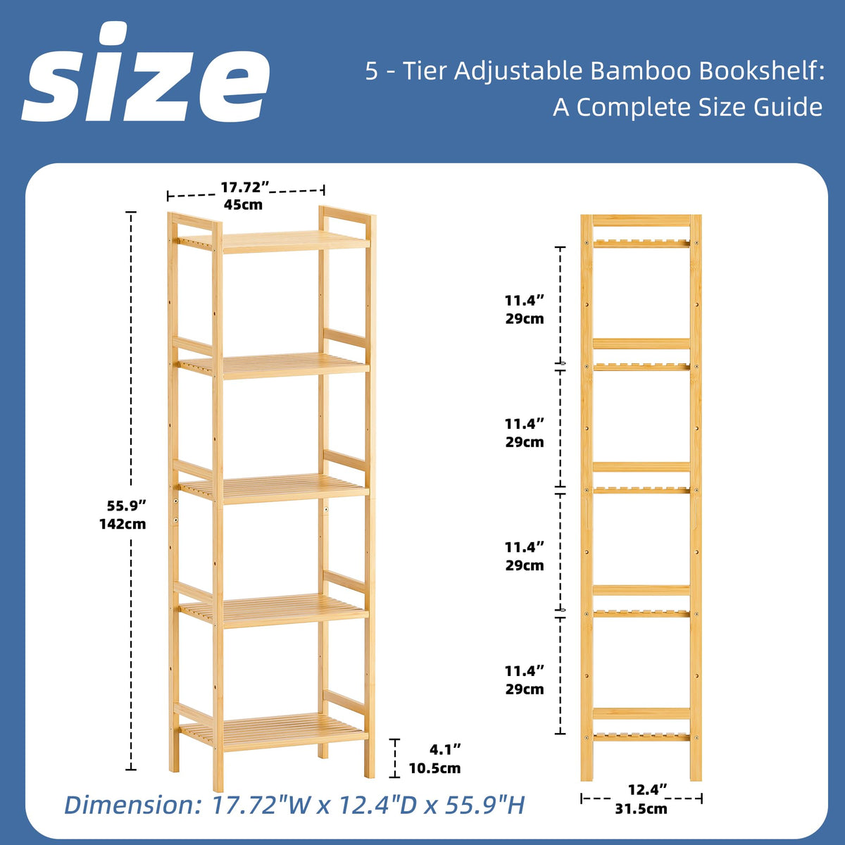 HITNET 5-Tier Bamboo Bookshelf, Tall Narrow Adjustable Bookcase, Freestanding Storage Shelf Unit for Living Room, Bathroom, Kitchen, Natural