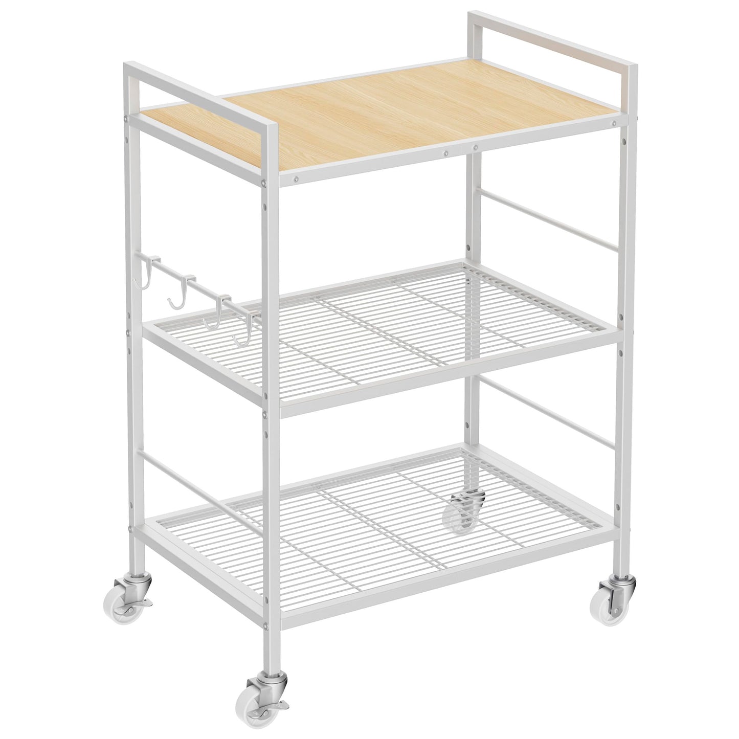 3-Tier kitchen trolley,Oak Wood Top,60W×40Dcm,4 Hooks, Adjustable Shelves