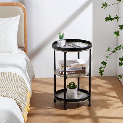 YEAKOO Industrial Nordic End Table, 3-Tier Round Side Table with Storage Shelf Edge Protection Tray