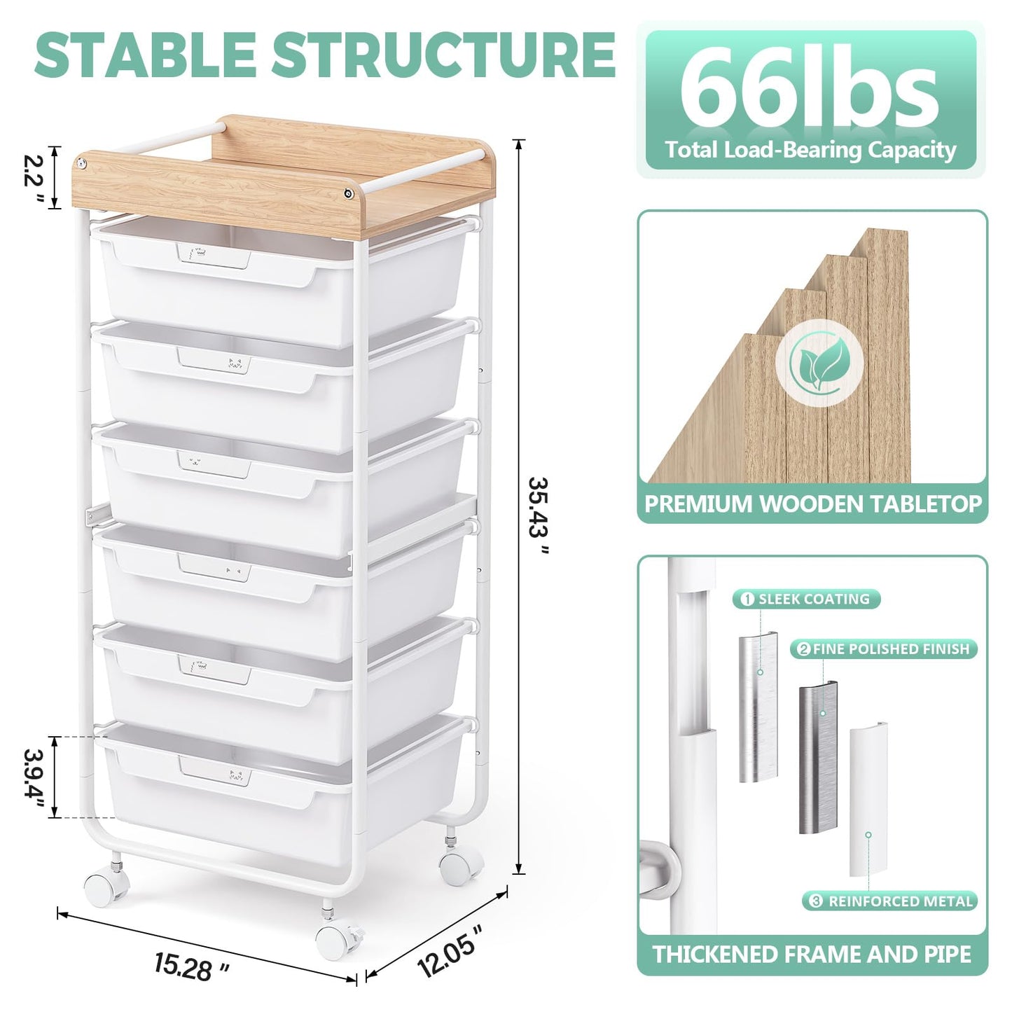 SYKIARIOL 6-Drawer Storage Cart, White