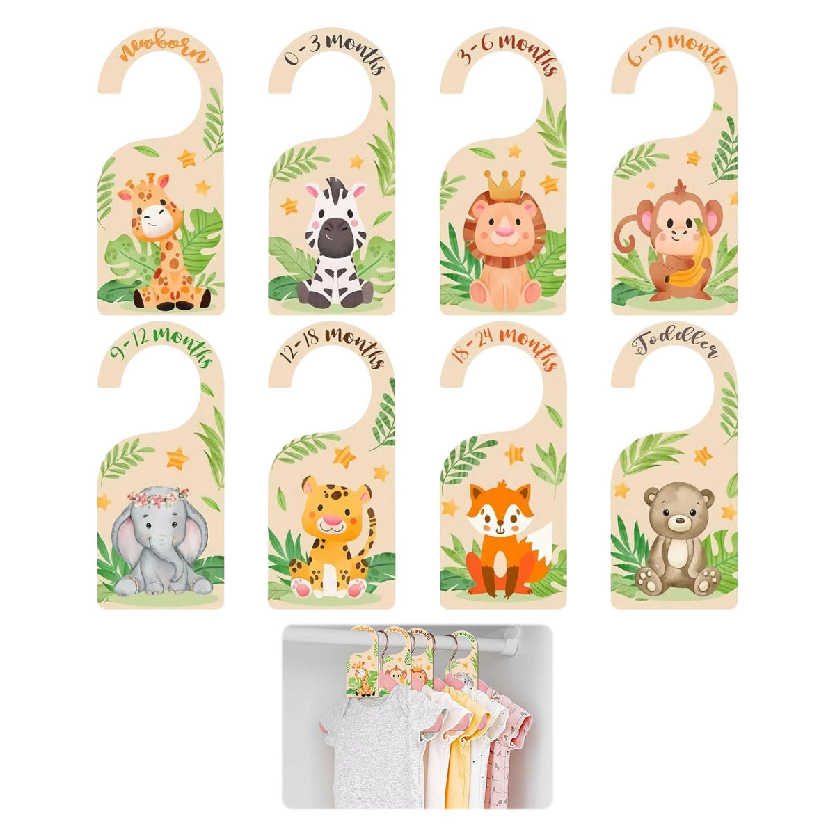 Baby Wardrobe Dividers,8PCS Wood Baby Clothes Dividers,Animal Theme Baby Wardrobe Organiser from Newborn to 24 Months,Double-Sided Wardrobe