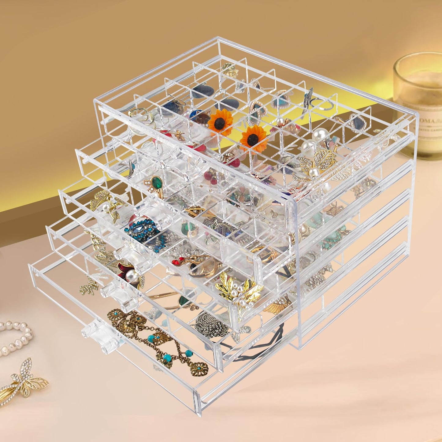 Ptaedex Jewelry Organizer Box, Acrylic Jewelry Holder Clear Jewelry Storage with 5 Drawers for Women Girls Men