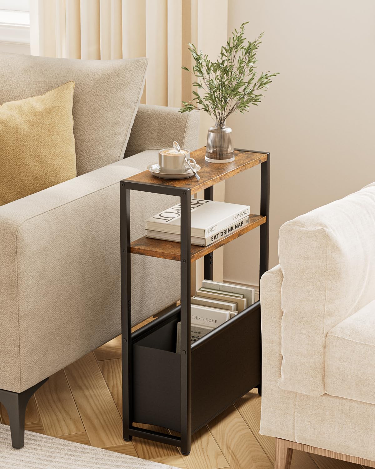 Apetaccat Narrow Side Table for Small Spaces, Small End Table with Storage Basket, Slim Bedside Table for Bedroom