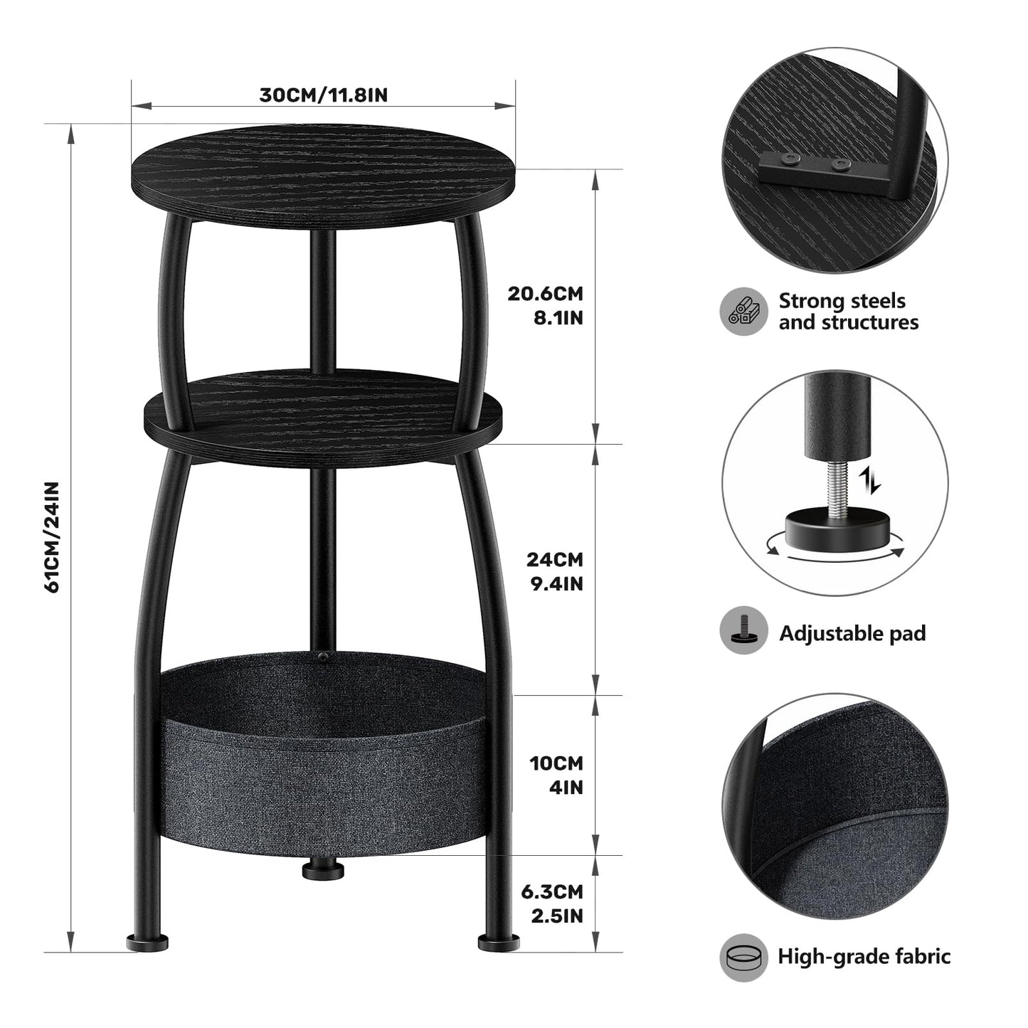 Yuede Round Side Table, 3 Tier Bedside Table, Small End Table with Fabric Basket, Coffee Table for Living Room, Bed Room, Small Space, Easy Assembly