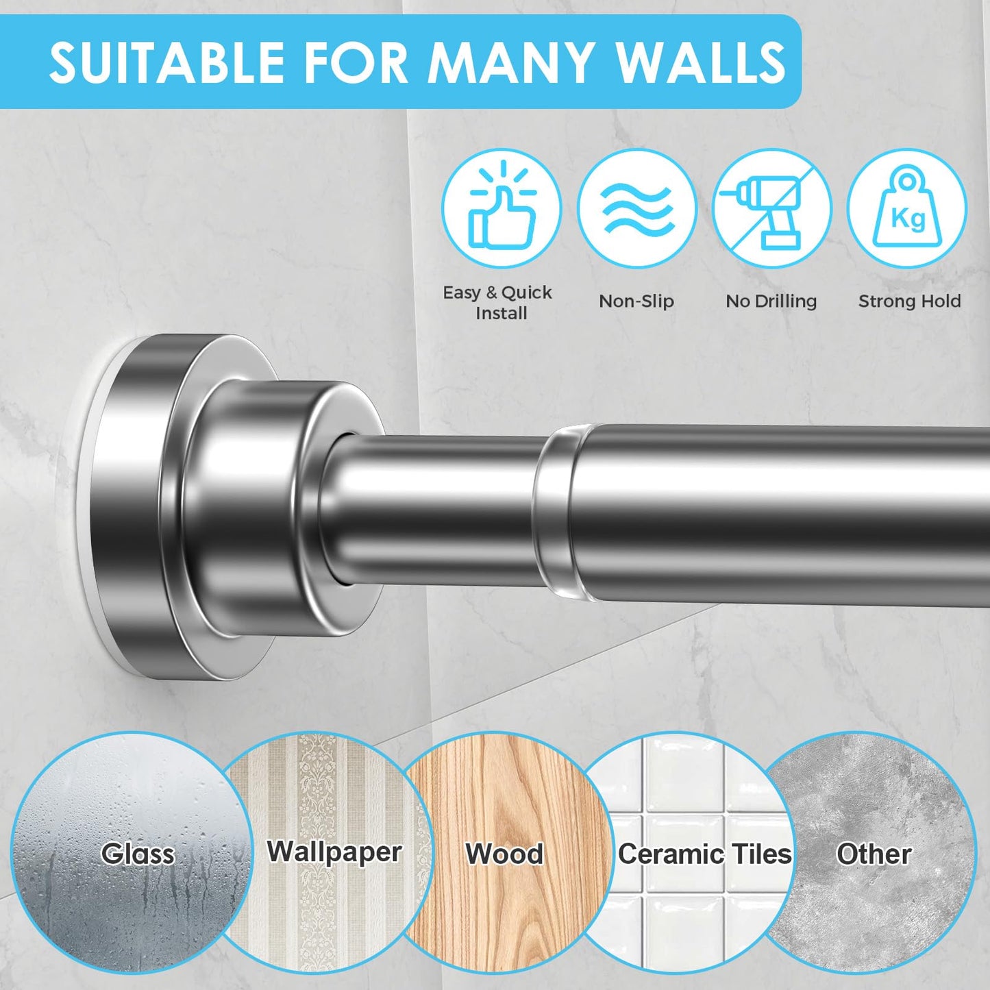 Shower Curtain Pole,Extendable Curtain Poles 79-195Cm,Shower Poles Extendable No Drill,Shower Curtain Rail Non-Slip,Sliver Shower Pole For