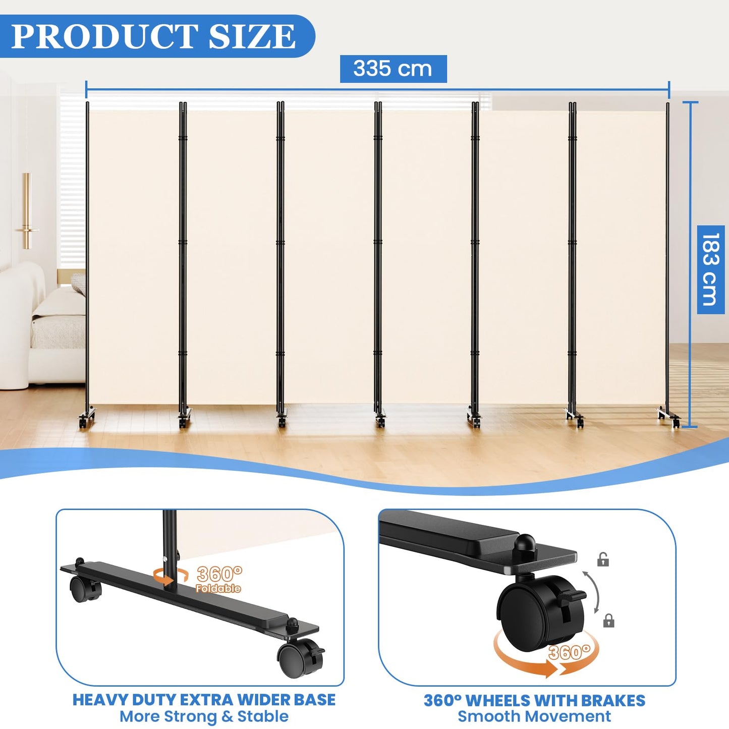 6 Panel Room Divider 183CM Folding Privacy Screens with Lockable Wheels