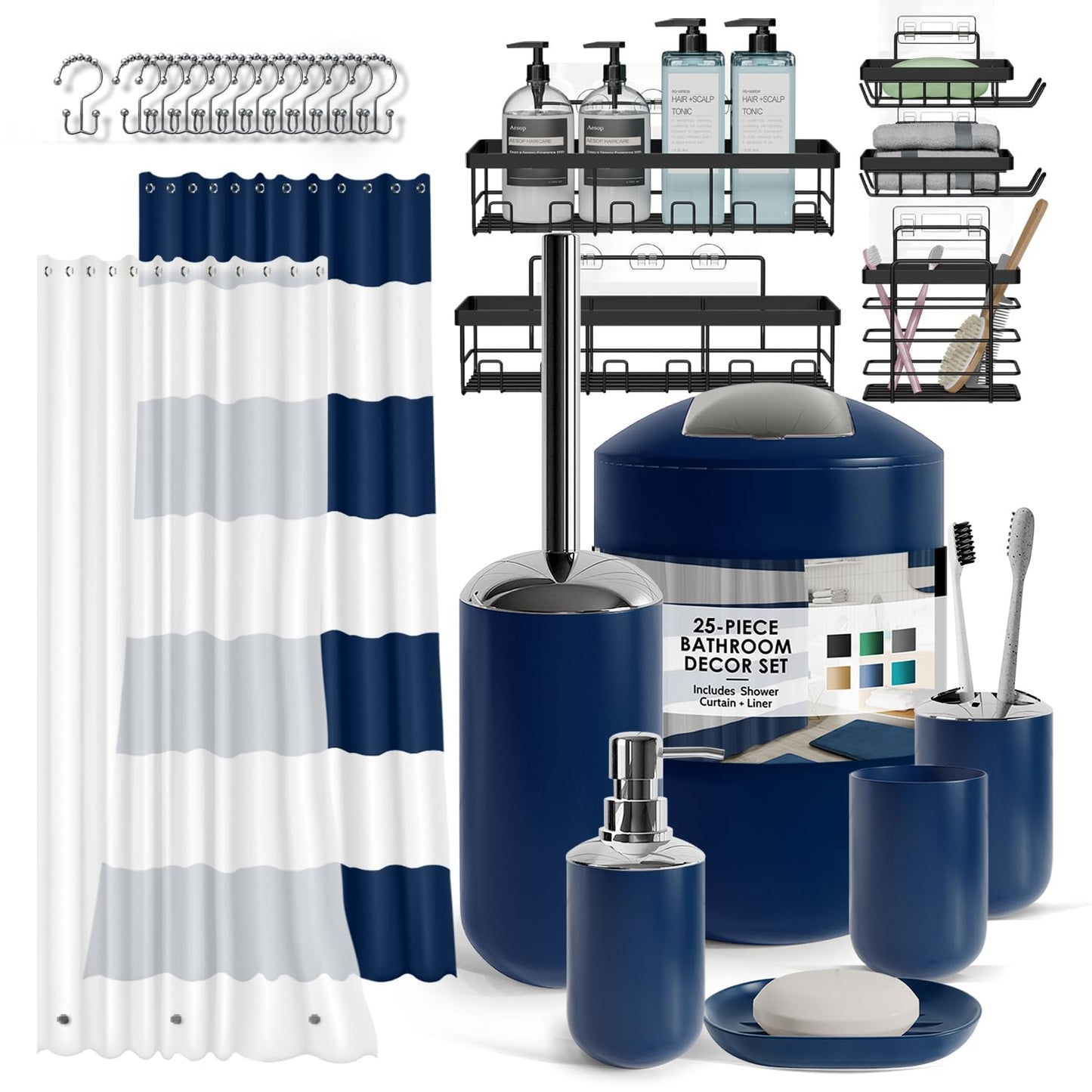 Clara Clark Bathroom Set - Bathroom Set with Adhesive Corner Shower Caddy Hanging, 25PC Bathroom Accessory Set, Navy Shower Curtain Set, Toilet Brush