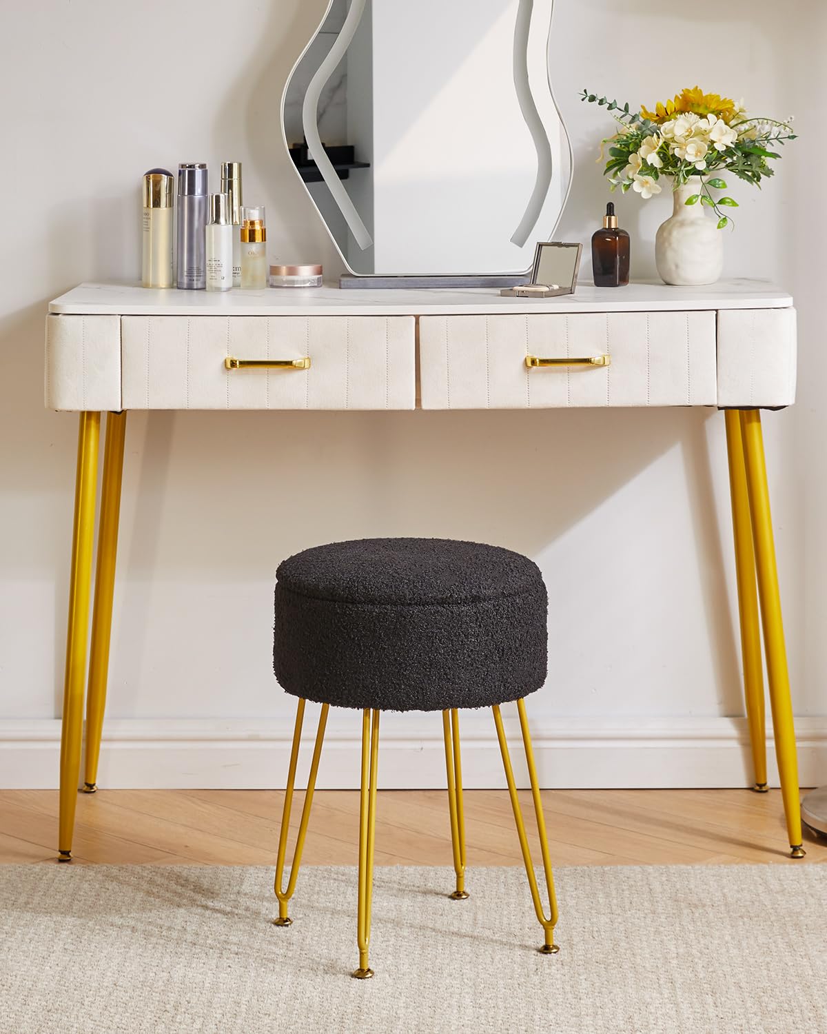 IBUYKE Makeup Vanity Stool, Teddy Velvet Storage Ottoman, Black WBD010B