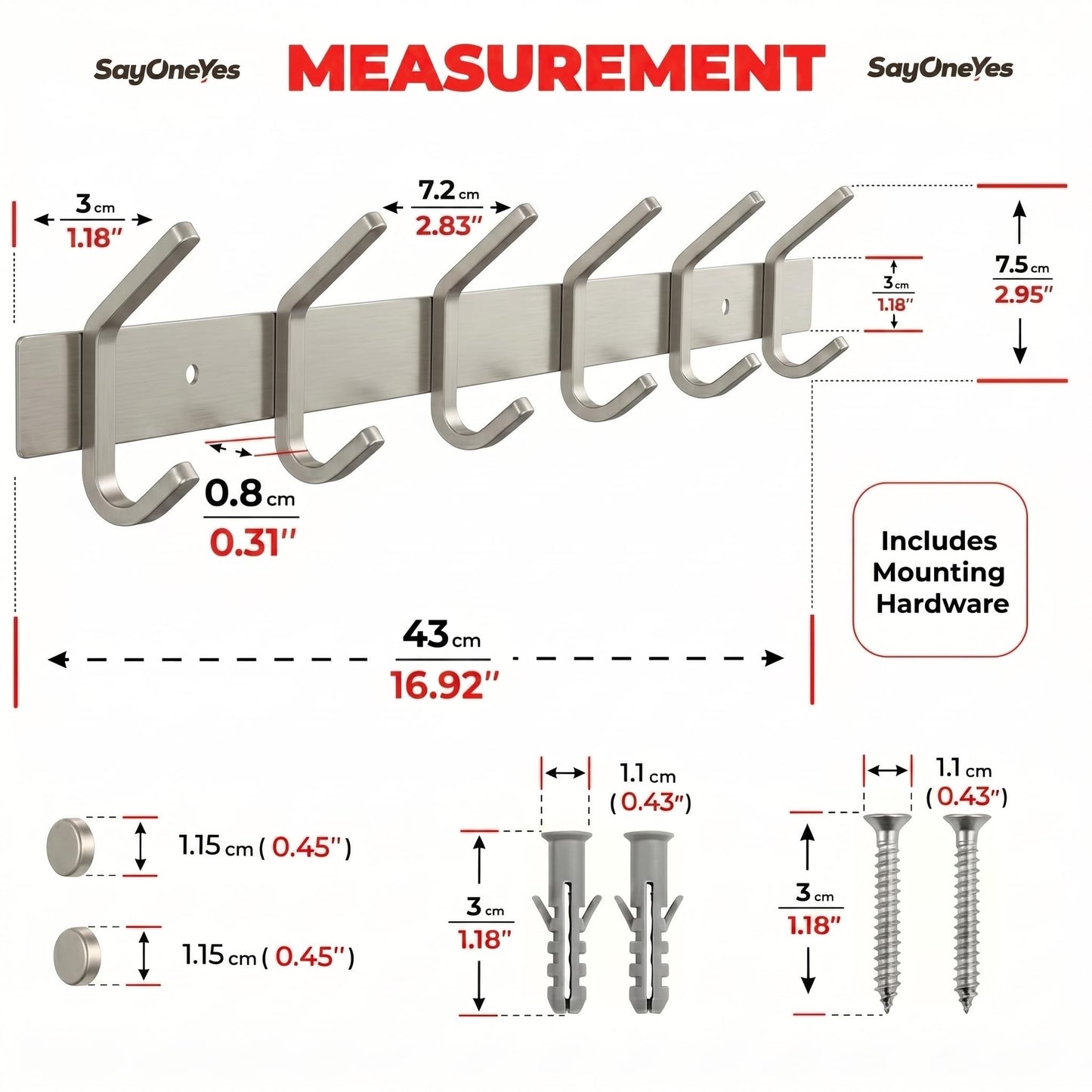 SAYONEYES Coat Rack Wall Mount with 6 Coat Hooks for Hanging - 17 Inch Heavy Duty SUS304 Stainless Steel Brushed Finish Waterproof