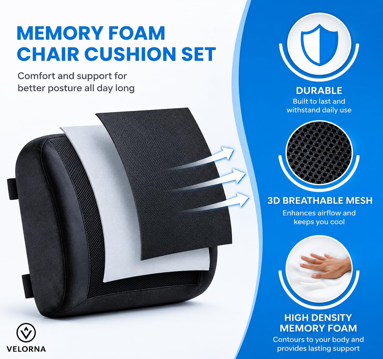 2-in-1 Memory Foam Seat Cushion & Lumbar Support Set | Office Chair Cushion for Back & Tailbone Relief