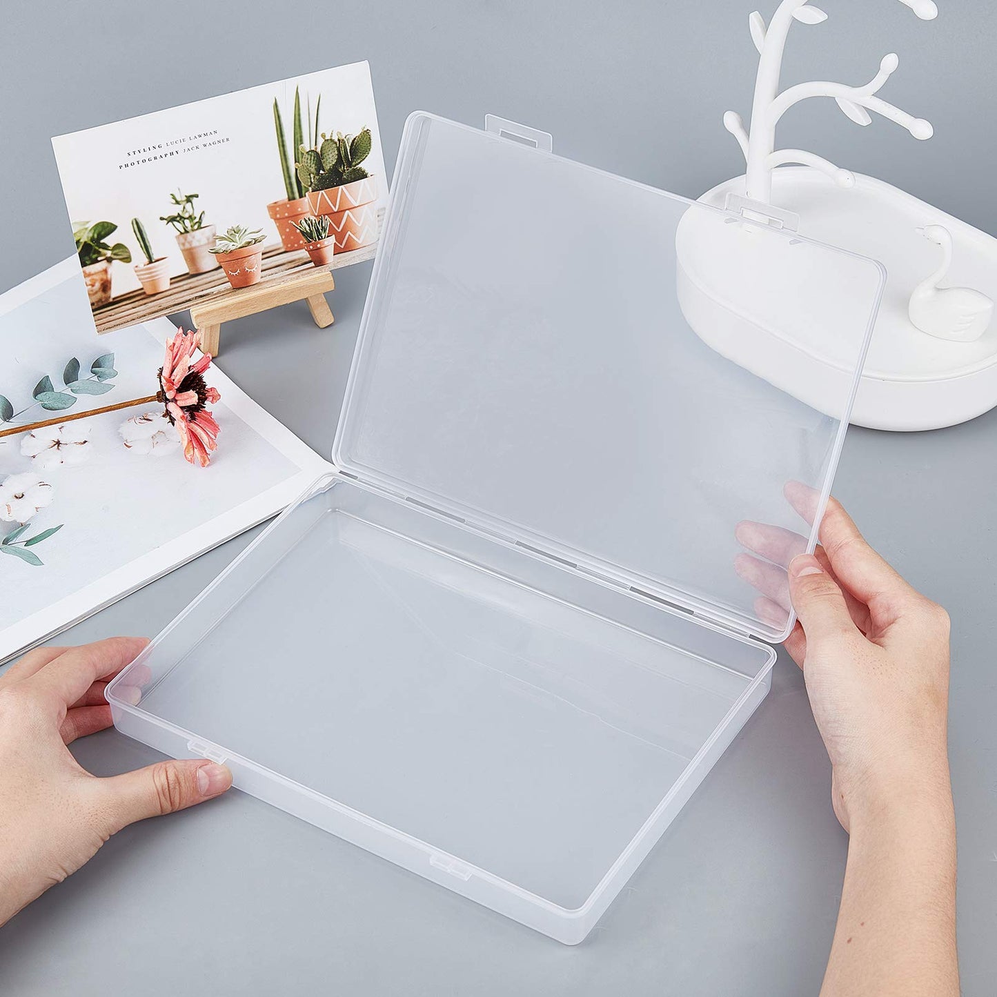 BENECREAT 22.5x16.5x3.3cm 4 Pack Rectangle Clear Plastic Storage Containers Large Box Case with Flip-Up Lids for Small Items, Notebook, Pen