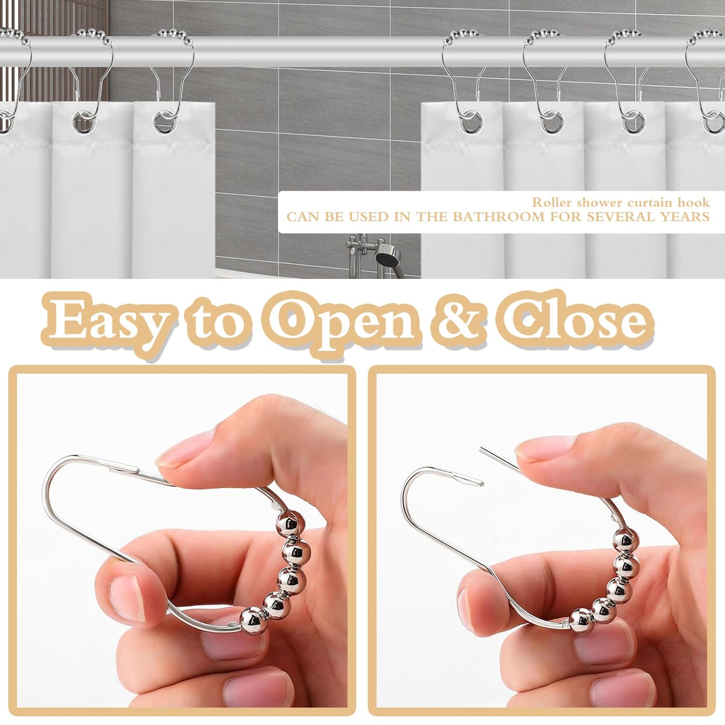14-Piece Stainless Steel Shower Curtain Hooks - Rustproof, Smooth Gliding Rings for Easy Installation and Secure Hold on Standard Rods