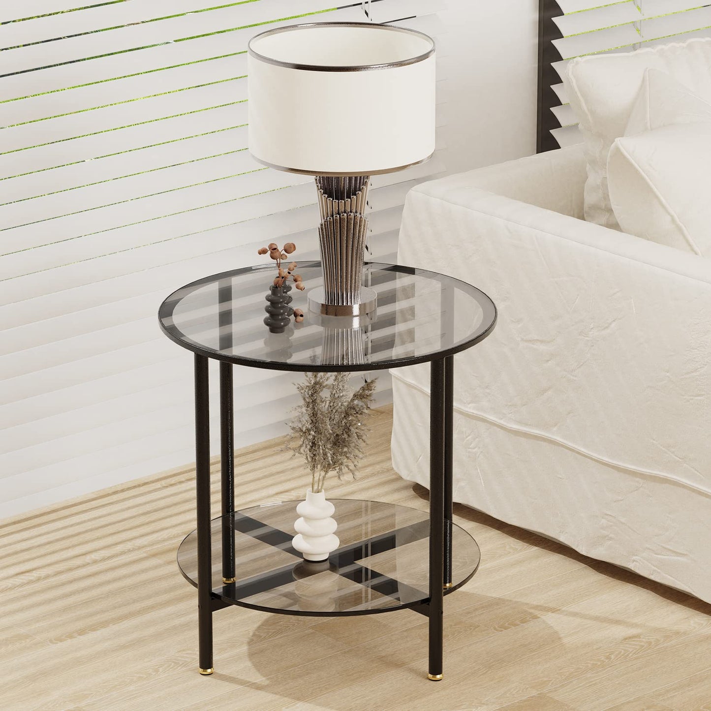 Artloge Glass Round Side Table Small: 2 Tiers End Tables Circle Diameter 50cm Slim Bedside Tables Grey Tinted Tempered Glass Top with Black Metal